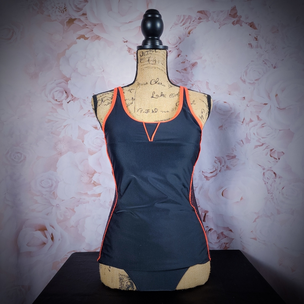 Bawdy Coral and Black Mesh Side Tankini Set